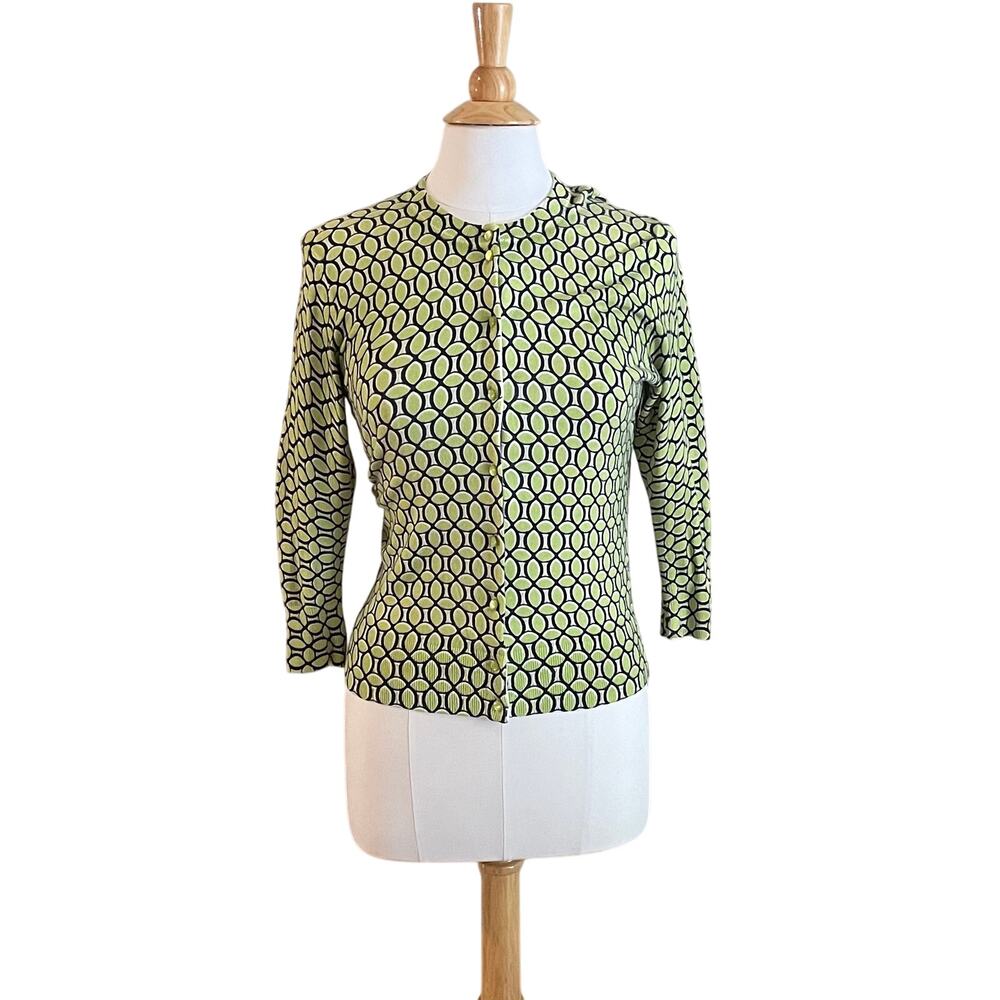 Crown & Ivy Navy, Green Allover Print3/4 Sleeve Cardigan, Preppy, Academia, S